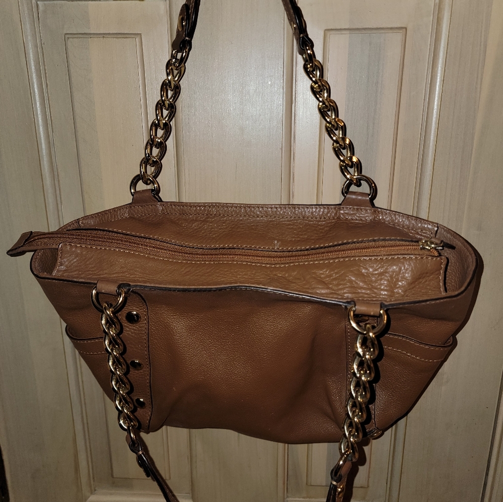 Michael Kors Double Handle Chain And Leather Purse Gold Studs Satchel - Picture 7 of 13